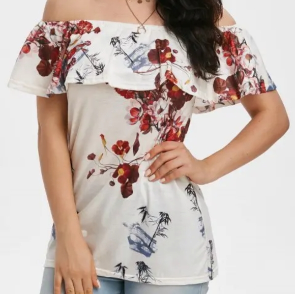 Tops - Floral White Ruffle off the shoulder top XL